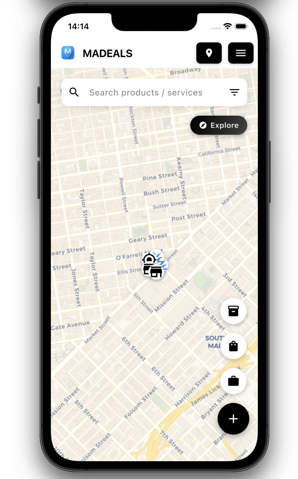 MADEALS App Home Screen - Products on Map